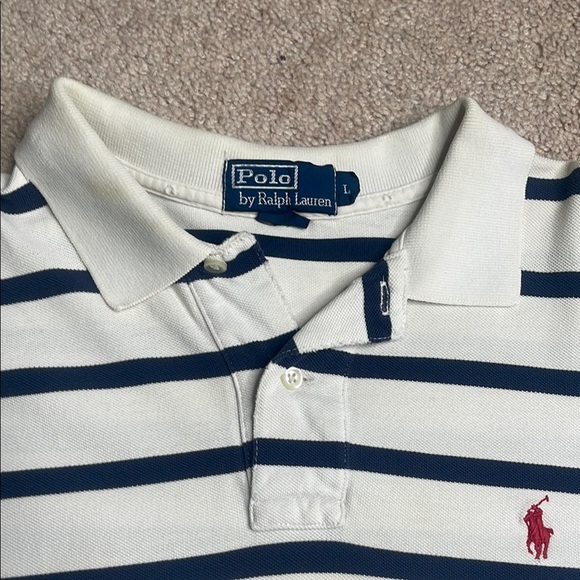 Polo Ralph Lauren White and Navy Striped Polo Shirt - Picture 2 of 9